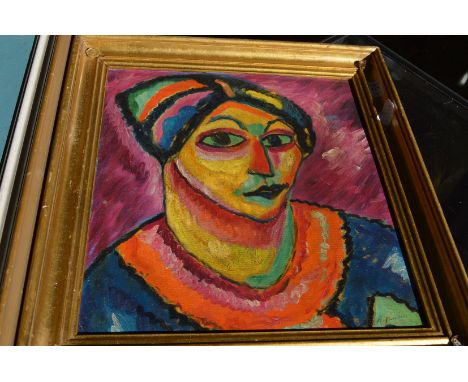Colourful head and shoulders portrait of a women, oil on board together with two others.