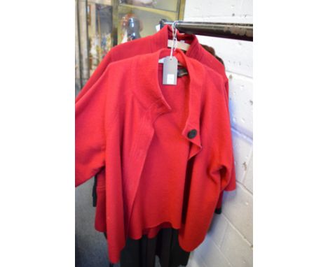 A ladies Fenn Wright Manson red jacket, size 16, another red jacket an overcoat and a fur coat.