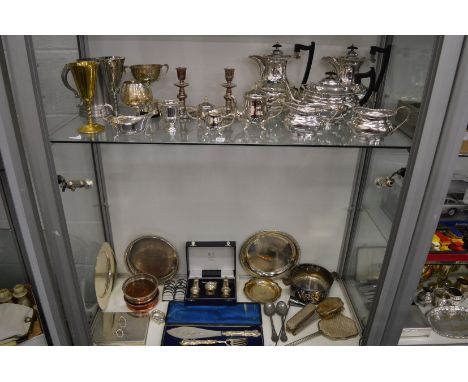 A quantity of plated items to include a tea service, cased fish servers etc.