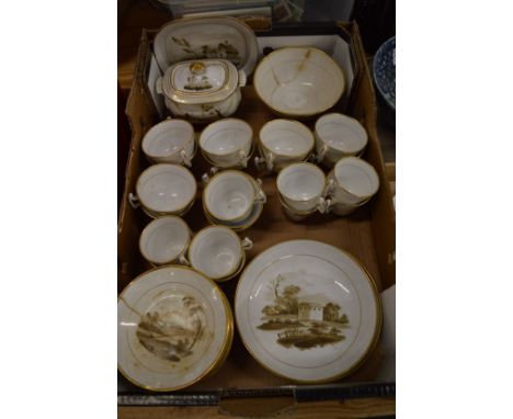 A 19th century porcelain part tea service, puce decorated with landscape scenes (faults).