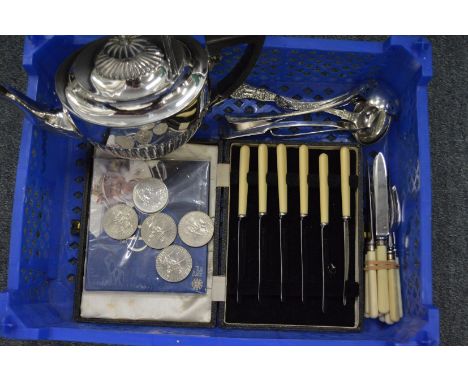 A plated teapot, cased set of fruit knives, various coins and other items.