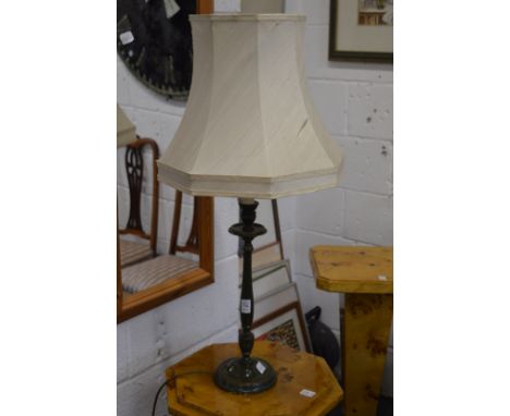 A green painted turned wood table lamp.