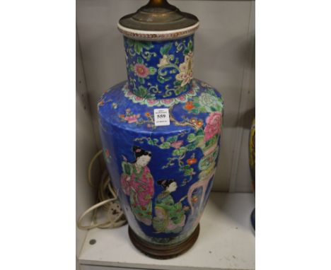 A large Chinese blue ground vase converted to a table lamp.