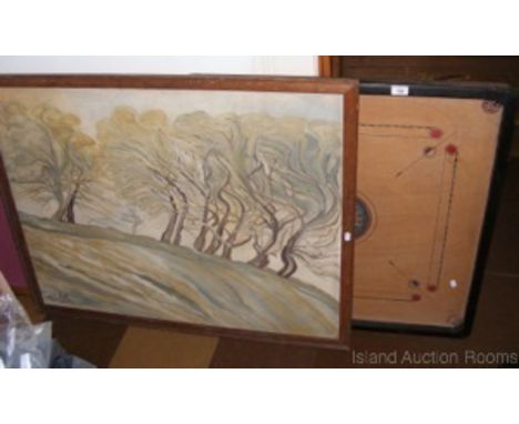 NAIVE SCHOOL - large oil on board - hilltop trees in strong wind - signed, together with a French tabletop bagatelle board