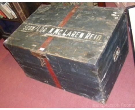Large metal bound pine travel trunk