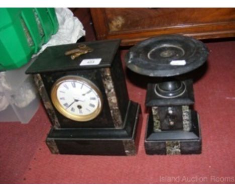 Victorian marble and slate mantel clock with one side garniture