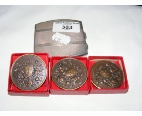 A silver compact, together with three Horticultural Society medallions