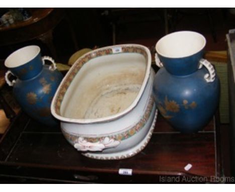 Transfer printed two handled ceramic foot bath and a pair of gilt decorated two handled vases