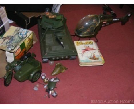 Selection of vintage "Action Man" toys, including boxed motorcycle and sidecar, etc.