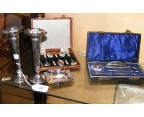 Pair of weighted silver trumpet vases, engine turned silver ashtray, two cased silver items