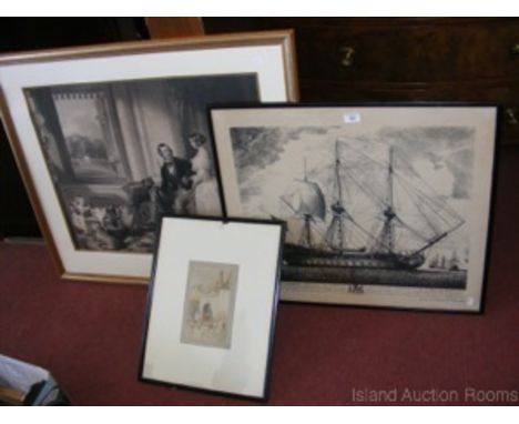 Large framed print of Victoria and Albert, French man-of-war monochrome print, etc.