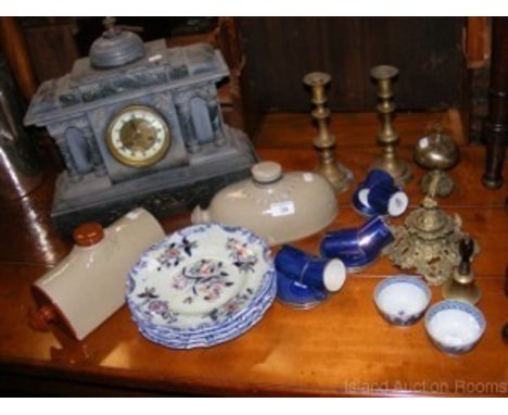 Sundry items, including slate cased mantel clock, brass candlesticks, coffee set, etc.