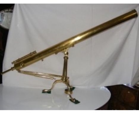 An antique brass telescope on adjustable stand, having night scope - made by Harris & Co., Holborn, London, having 3" lens an