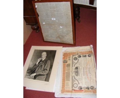 Quantity of share certificates, framed copy of Hampshire Telegraph reporting on the Battle of San Domingo -1806, etc.