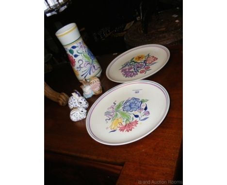 Pair of Poole Pottery plates, ditto vase, two Crown Derby Rabbit paperweights, etc.