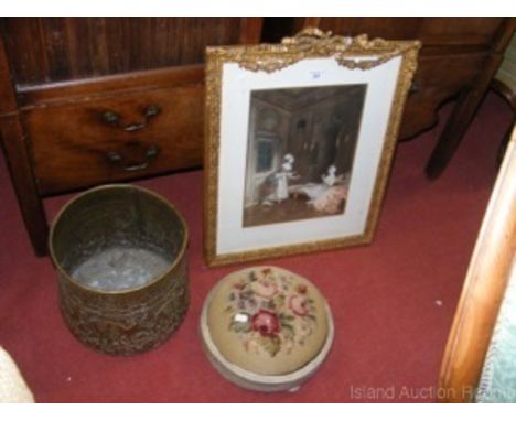 Coloured print - interior scene, embossed brass jardiniere and tapestry footstool