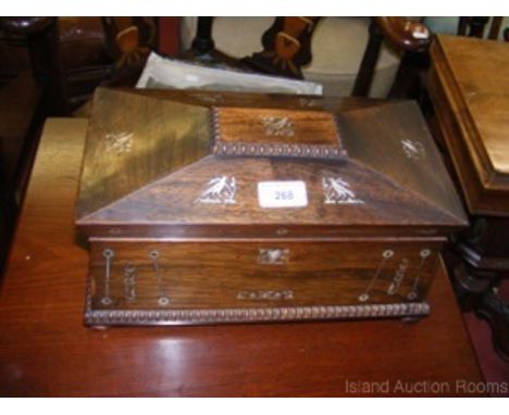 Mother of Pearl inlaid casket shaped rosewood two compartment tea caddy