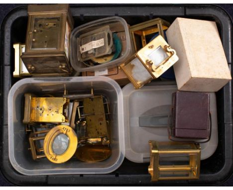 A collection of various carriage clock cases and movements : including a Drocourt movement and others.