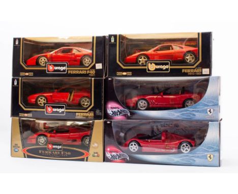 Hotwheels and Burago. A boxed group of six 1/18th scale Ferraris: 456 GTO, F40, 348tb, 550 Barchetta Pinifarina, 333 SP and F