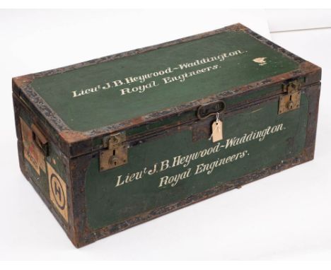An early 20th century travelling trunk for 'Lt J B Heywood Waddington Royal Engineers': 36 x 91 x 46cm.