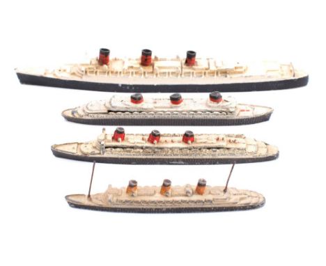Tri-ang Minic and Dinky.  An unboxed group of diecast waterline Ocean liners: RMS Queen Mary, CIE Normandie, Cunard White Sta