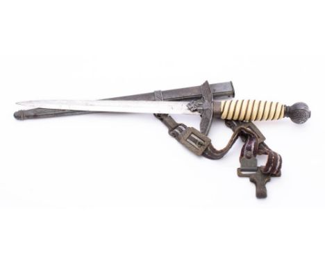 A German Luftwaffe style dagger: the unmarked blade over feathered hilt with eagle and swastika langet, one piece wire bound 