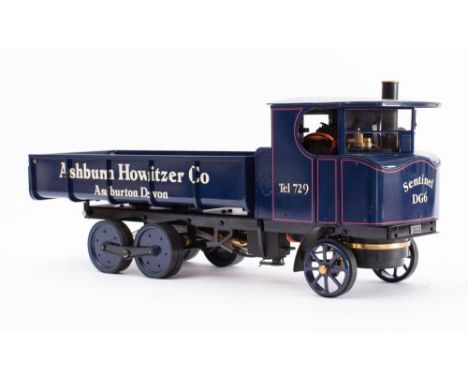 Maxitrak. A 3/4 inch scale Sentinel DG6  live steam remote control lorry:  black roof, dark blue cab with red lining , black 