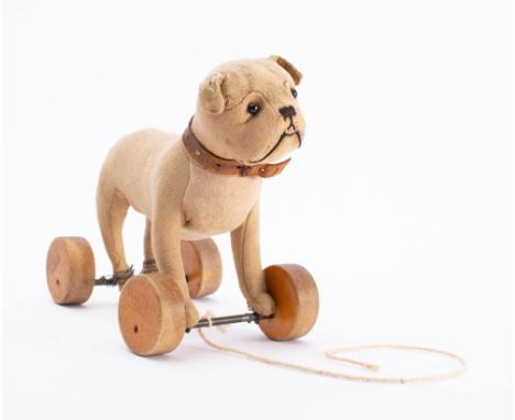 A Steiff pull along bulldog: boot button eyes, stitched nose and mouth with teeth, button to left ear, with brown leather col