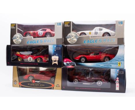 Hotwheels, Burago and others. A boxed group of six 1/18th scale Ferraris: 250 GTO Le Mans, 250 GT SWB, 312P, 250, Dino 246 GT