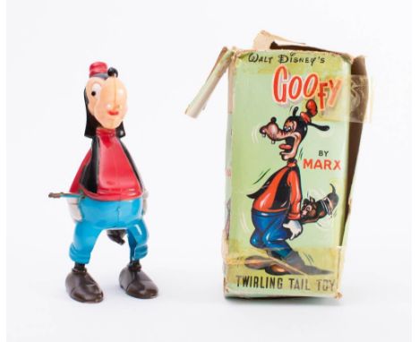 Marx (Hong Kong) Disney Goofy 'Twirling Tail Toy' plastic clockwork figure in original box: red and blue with chipmunk to tai