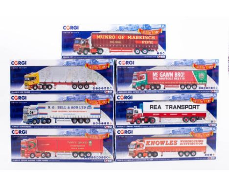 Corgi 1/50th scale. A boxed group of seven trucks: including CC15310 Scania 'David Munro & Sons', CC15812 Mercedes-Benz 'McGa