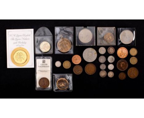 A small collection of  British and world: including USA proof set, 1792 Exeter halfpenny, Roman sestertius of Domitian etc.