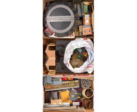 Hornby and others. A collection of OO/HO gauge model buildings and trackside accessories: including, a turntable, engine shed