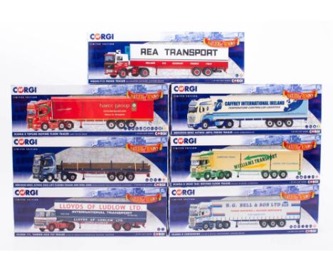 Corgi 1/50th scale. A boxed group of seven trucks: including CC13757 Scania' N G Bell & Sons Ltd', CC13829 Mercede-Benz 'Inta