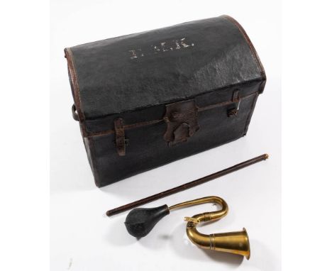An early 20th century leather and wicker dome topped  travelling trunk: initialed 'E.M.K' to top, 43 x 60 x 47cm, together wi