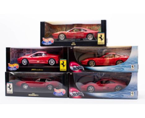 Hotwheels. A boxed group of five 1/18th scale Ferraris: 1984 GT, 360 Moderna, 1968 365 GTB/4, 550 Maranello and F 355 Berline