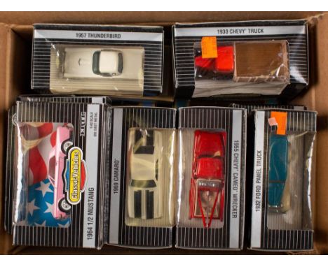 Ertel Classic Vehicles. A boxed group of American Outline Classic and Vintage cars: including a 1969 Camero, 1932 Ford panel 