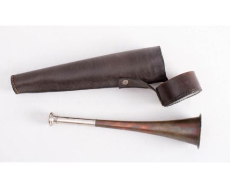 A copper and silver plated hunting horn in leather case,: both unsigned the horn 23.8cm long.