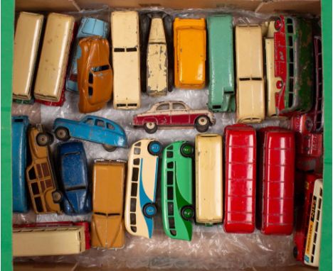 An unboxed group of various Dinky buses and vehicles: including 480 Bedford van in 'Kodak' livery and others (playworn) 
