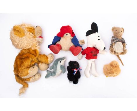 A Merrythought lion blonde plush pyjama case: together with a Steiff Dolphin and Duckling, a  Snoopy doll,  a Paddington Bear