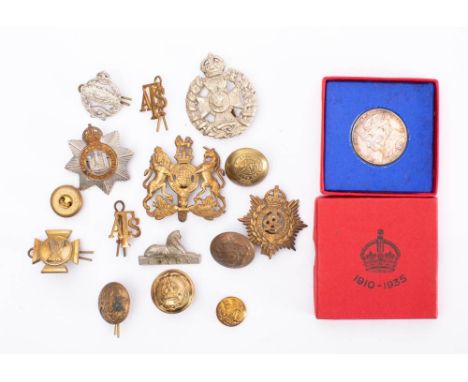 A small collection of various military buttons and badges: including two 'ATS'  brass  collar badges and a blue enamel circul