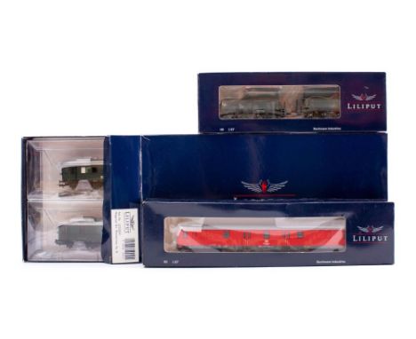Liliput  (by Bachmann) HO. A boxed group: comprising  L350041 British Forces Dining Car and Baggage car, L383811 Eisenbahnkra