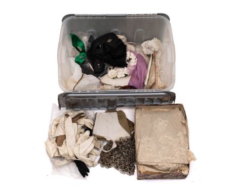 A small collection of various late 19th/early 20th century lace sections and lady's gloves: also including a celluloid hair c