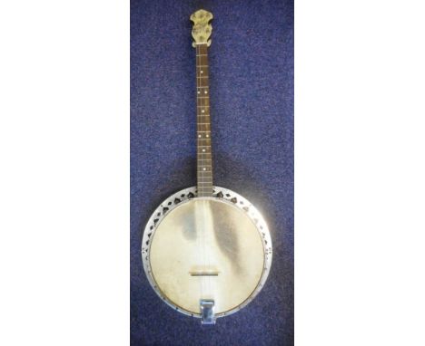 A May Bell four string  banjo: with nineteen fret with faux mother-of-pearl inset head and ivorine tuning pegs, overall lengt