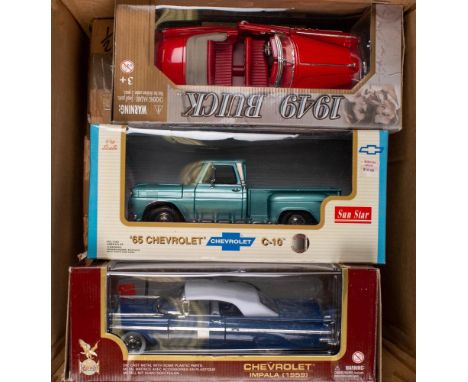 Sun Star, Road Legends and others. A boxed group of six 1/18th scale cars: including a 1959 Chevrolet Impala, a '65 Chevrolet