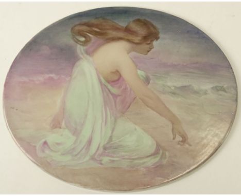 19/20th Century Hand Painted Porcelain Plaque "Beauty At The Sea" Stamped en verso with Limoges Backstamp. Light Surface Scra