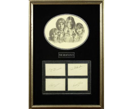 Framed Individual Autographs of the Beatles together with Print of Ink and Wash Portrait of the Beatles. Provenance and COA: 