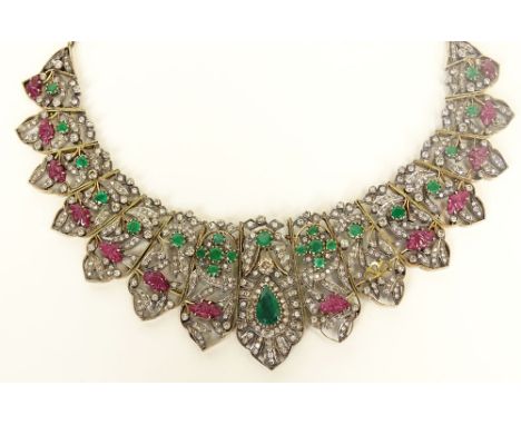 Victorian Style Diamond, Ruby and Emerald Necklace. Rose Cut Diamonds, Tear Drop and Round Cut Emeralds and Carved Rubies Set