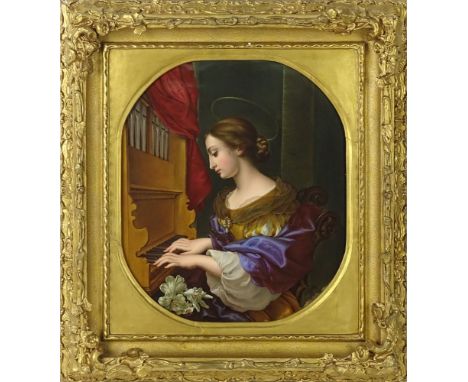 Large 19th Century Hand Painted Porcelain Plaque "Angelic Beauty Playing Piano" Signed Ed. Boehm 1850. Good Condition. Measur