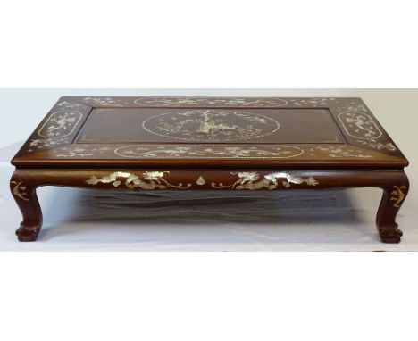 Large Mother of Pearl Inlaid Hardwood Coffee Table. Asian Motif. Unsigned. Light wear and Rubbing or in Good Condition. Measu